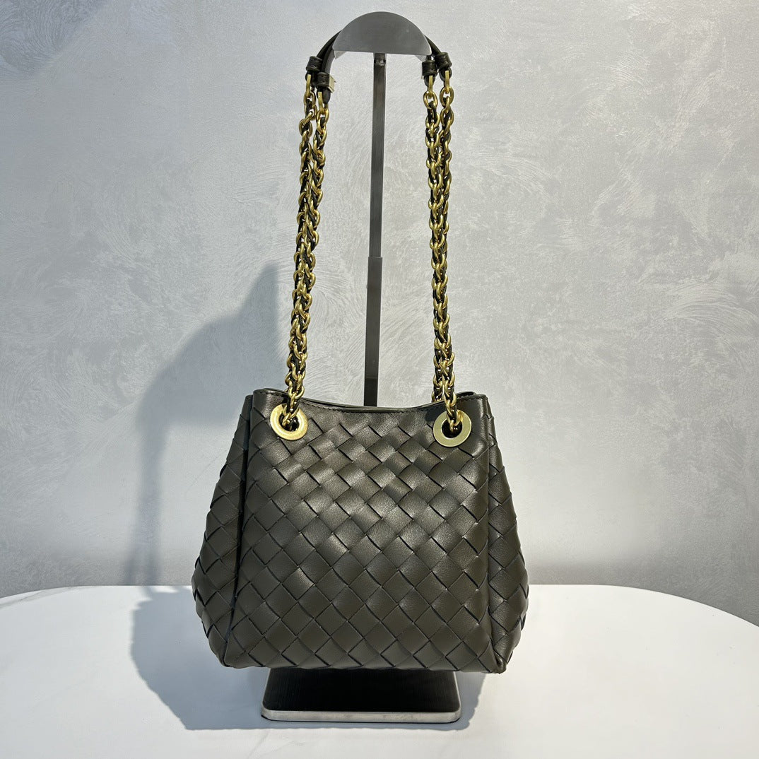 Genuine Leather Metal Chain Woven Parachute Bag for Women, Large Capacity Vintage Underarm Shoulder Crossbody Purse, Premium Handbag for Ladies