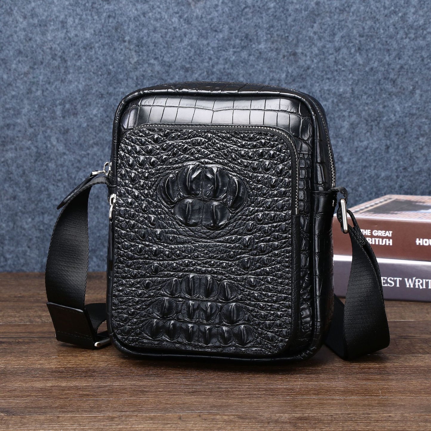 New Arrival Croc-Effect Genuine Leather Small Shoulder Bag for Men, A Fashionable Crossbody Mini Backpack Perfect for Outdoor Business & Casual Use