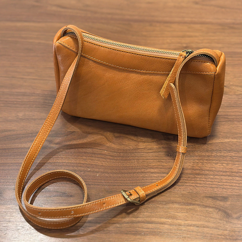 Genuine Top Layer Vegetable-Tanned Cowhide Bag for Women, New Spring Minimalist Brown Yellow Shoulder Crossbody Purse, Small Leather Handbag for Ladies