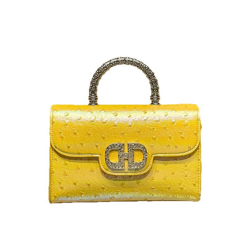 Premium Rhinestone Ostrich-Embossed Genuine Leather Bag, Fashionable Shoulder Crossbody Top Handle Purse, Chic Handbag for Women
