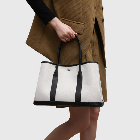 Boutique Style Genuine Leather & Canvas Tote Bag for Women, Spacious Contrast Color Garden Handbag with a Premium Sophisticated Feel, Unique Everyday Carryall