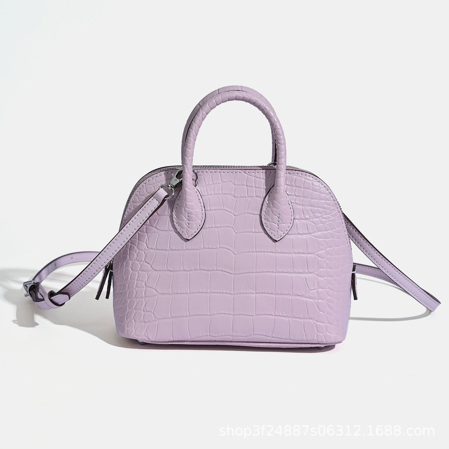 New Arrival Croc-Effect Genuine Leather Bowling Shell Bag for Women, A Mini Top-Handle Crossbody Commuter Handbag with Trendy Versatile Design