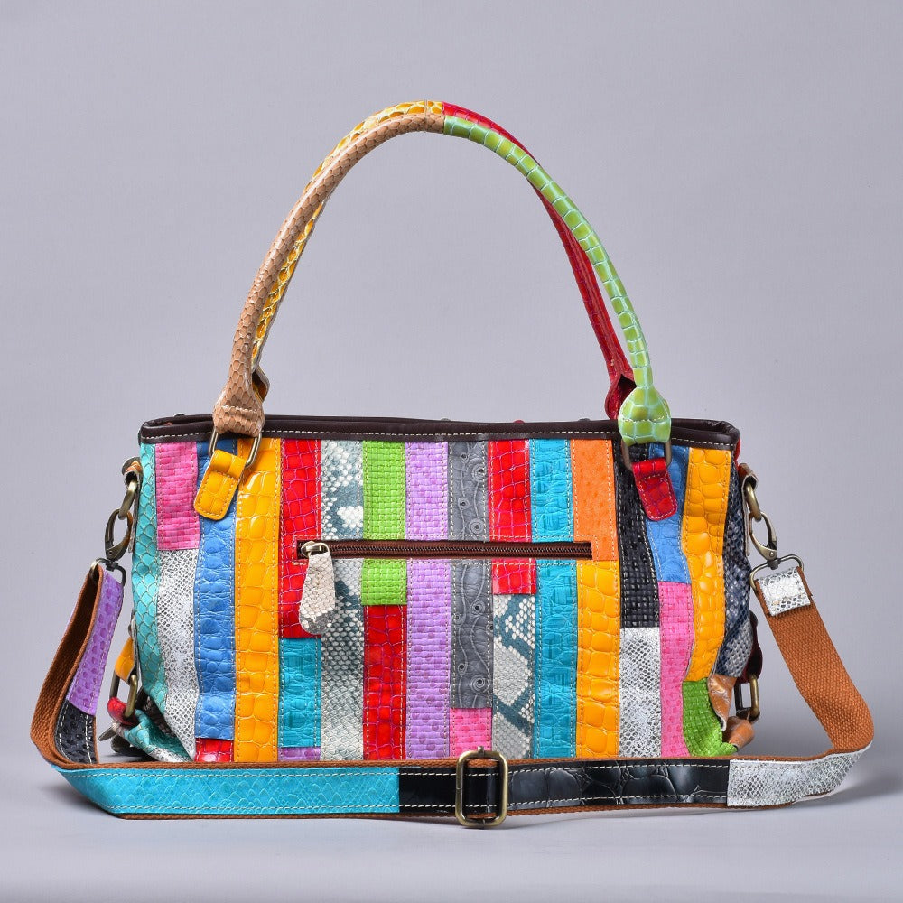 Premium Handcrafted Genuine Leather Bag for Women | Snakeskin Floral Color-Block Design with Trendy Rivet Accents | Unique Statement Shoulder Top-Handle Handbag with Artistic Flair | Versatile Purse for Work, Errands, Travel & Everyday Chic