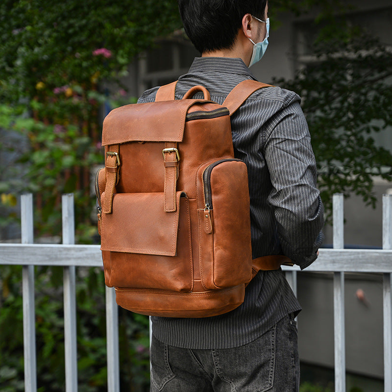 Large Capacity Crazy Horse Leather Backpack, Student School Travel Daypack, Premium Genuine Leather Bag for Men