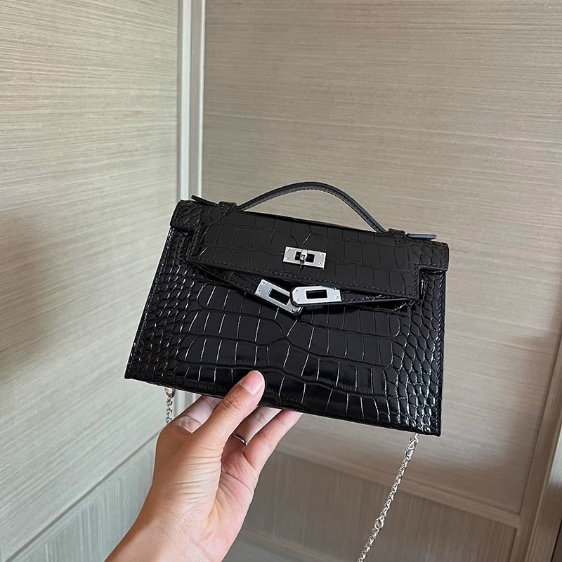 New Spring/Summer Kelly-Inspired Croc-Effect Genuine Leather Mini Bag for Women, A Versatile Chain Shoulder Top-Handle Handbag Perfect for Everyday Style