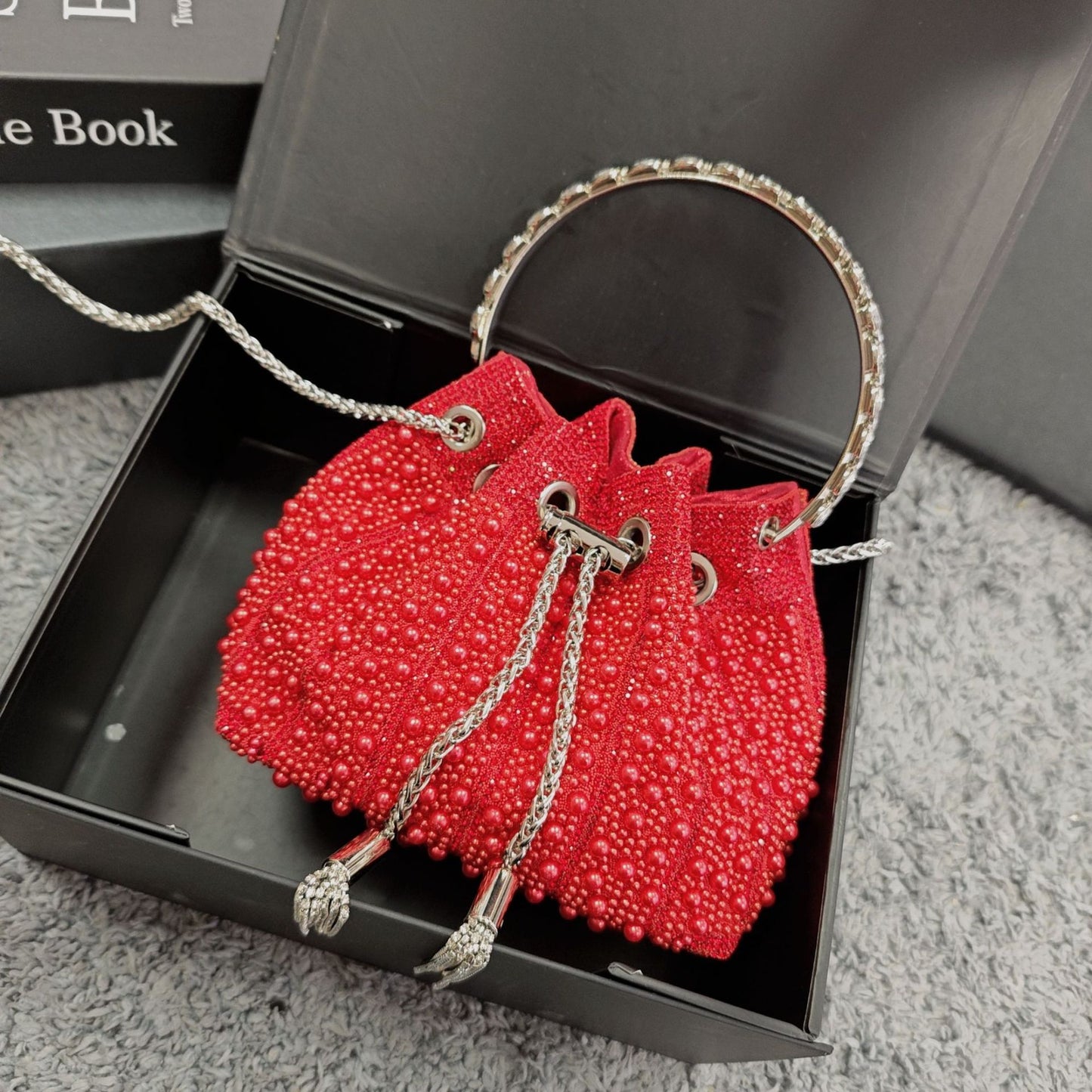 New Chinese Style Pearl Evening Bag, Rhinestone-Studded Drawstring Shoulder Crossbody Purse, Niche Light Luxury Handbag with Elegant Design
