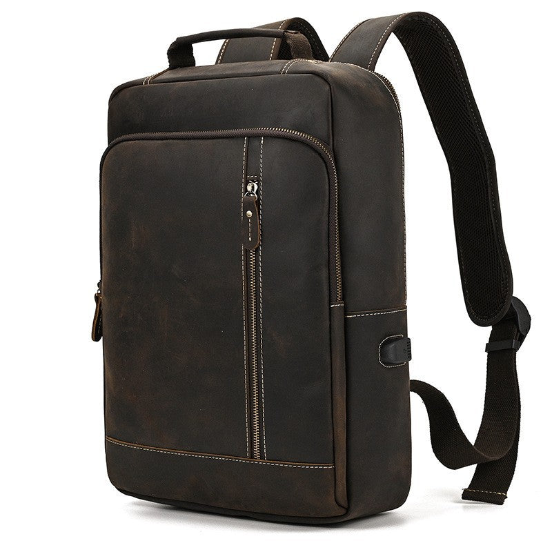 Men's Crazy Horse Leather Backpack Vintage Travel Daypack for Women Students, Genuine Leather Casual Rucksack Large Capacity