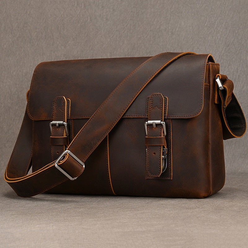 Genuine Top Layer Crazy Horse Cowhide 13-Inch Crossbody Bag for Men, Large Capacity Flap Laptop Briefcase, Casual Work Bag for Gentlemen