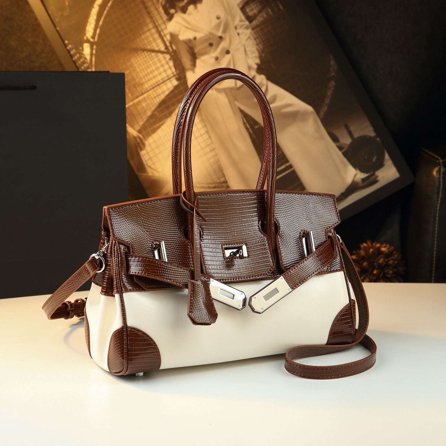 Chic Lizard-Effect Birkin-Inspired Tote Bag for Women, Premium Genuine Leather Top-Handle Crossbody Shoulder Handbag with Trendy Elegant Design, Ideal Everyday Purse for Mom