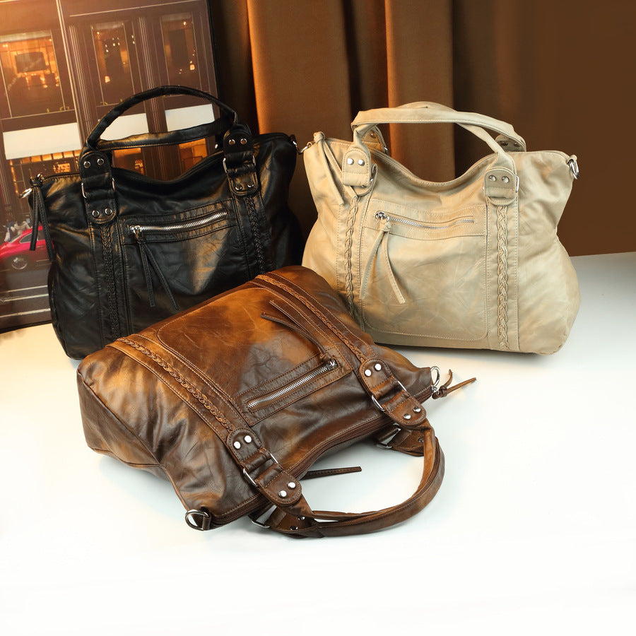 Vintage Distressed Leather Woven Tote Bag for Women Soft Slouchy Shoulder Underarm Handbag, Niche Designer Carryall with Artisan Texture