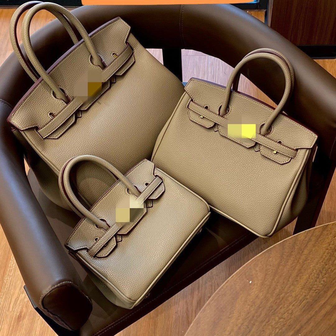 Genuine Pebbled Leather Birkin-Style Gold Hardware Large Capacity Handbag for Women, European Fashion Top Handle Purse, Trendy Casual Tote Bag for Ladies