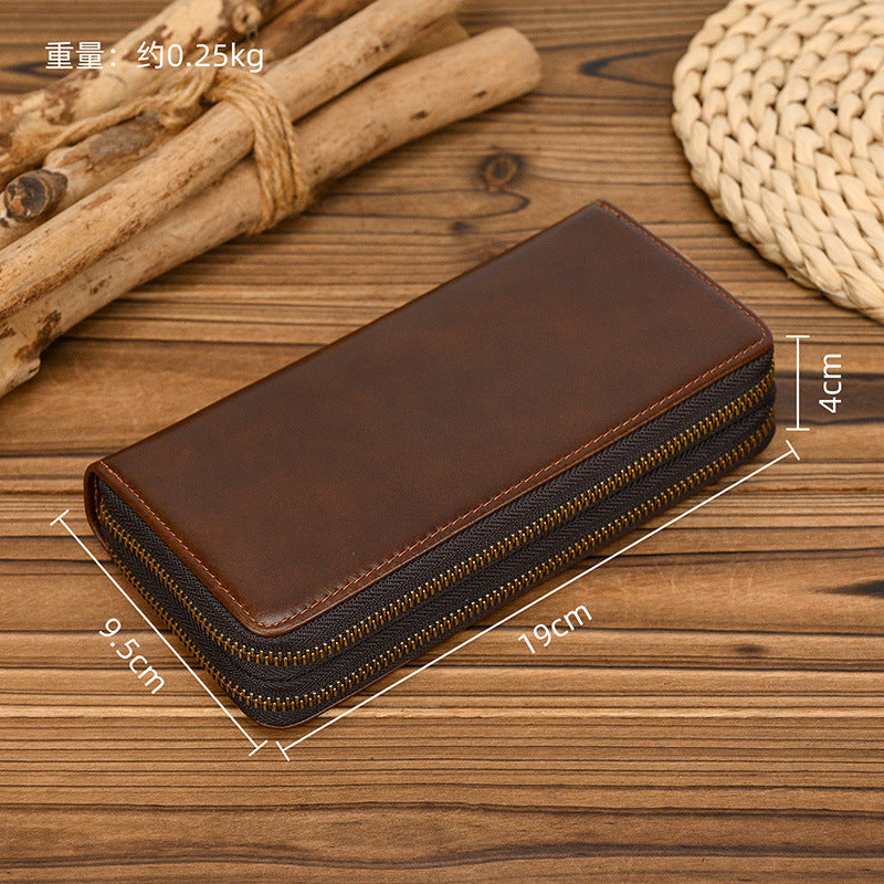 Crazy Horse Leather Double Zipper Long Wallet, Multi-Card Large Capacity Clutch, Genuine Leather Phone Bag for Men