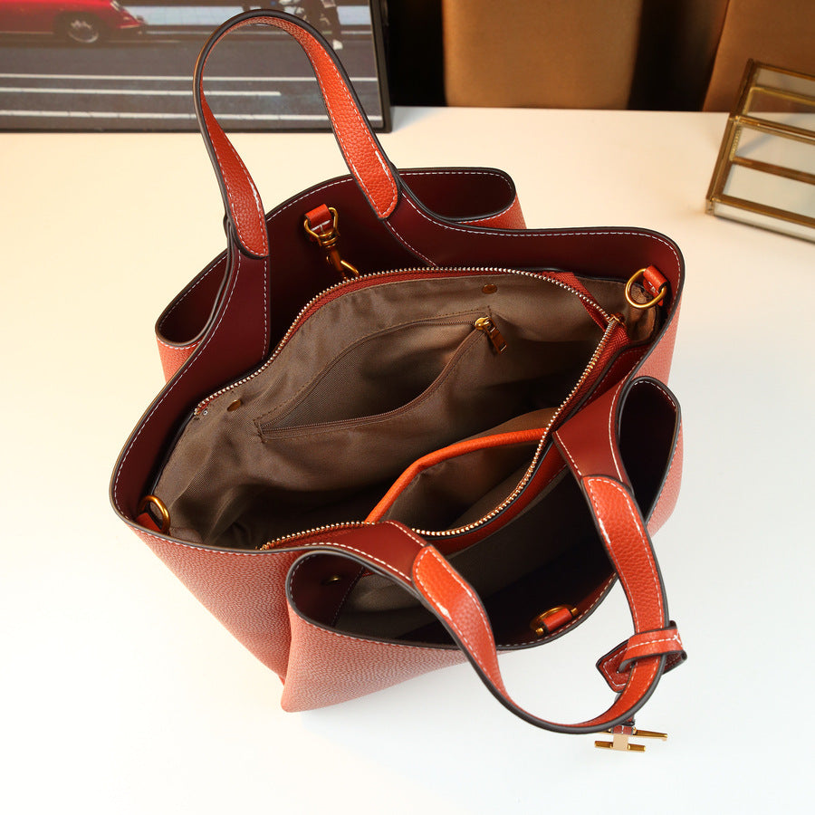 Pebble Grain Tote Bag for Women with T-Shaped Charm Detail, Large Capacity Commuter Shoulder Crossbody Handbag with Versatile Everyday Design