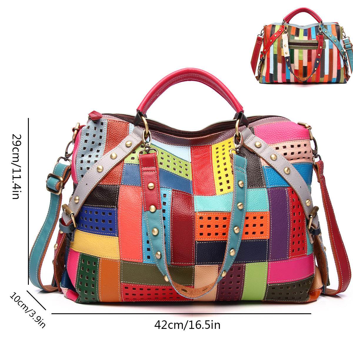 Colorful Stripe Geometric Bag in Genuine Cowhide, Random Color Block Large Capacity Shoulder Crossbody Tote, Stylish Handbag for Women