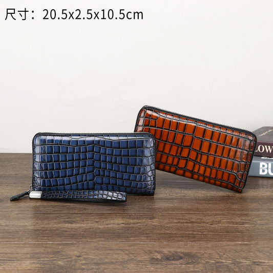 New Arrival Distressed Croc-Effect Long Clutch Wallet for Men, A High-End Handcrafted Vintage Handheld Wallet with Multiple Card Slots