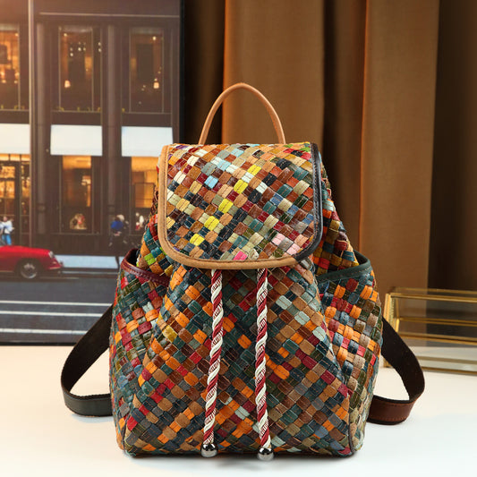 Vintage Woven Backpack for Women Large Capacity Drawstring Closure Casual Travel Shopping Daypack, Retro Bohemian Style with Artisan Woven Detail