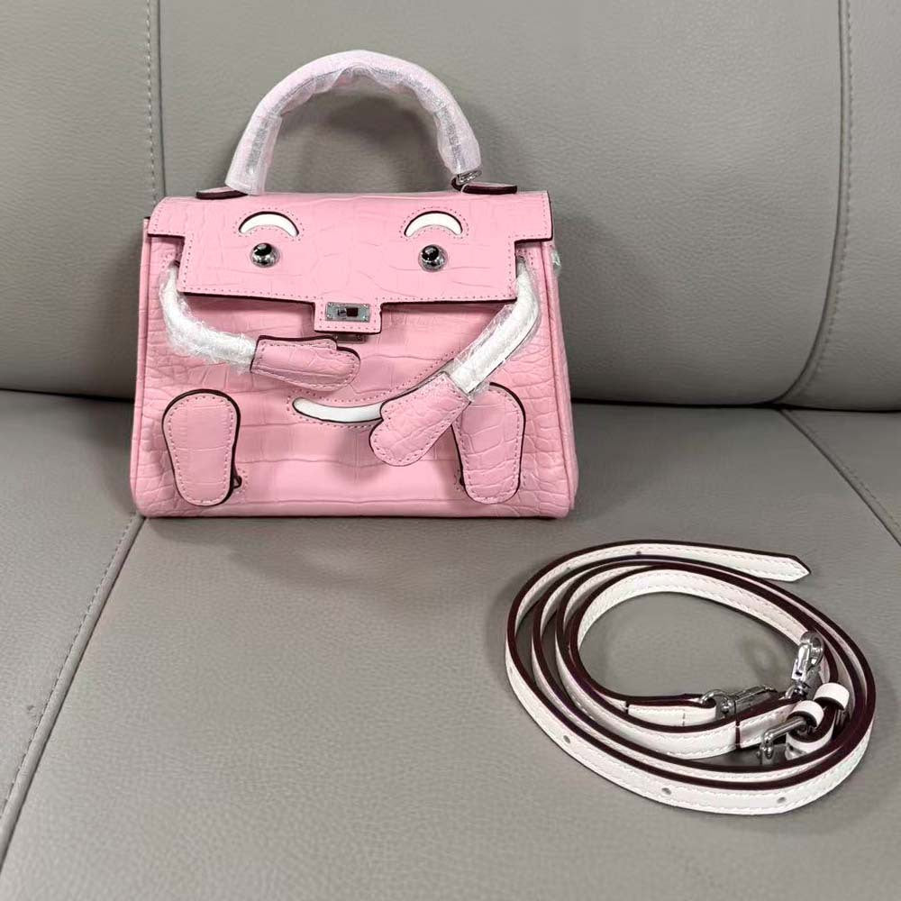 Genuine Leather Crocodile-Embossed Smiley Face Kelly-Style Bag for Women, New Millennium Doll Small Square Crossbody Shoulder Purse, Trendy Handbag for Ladies