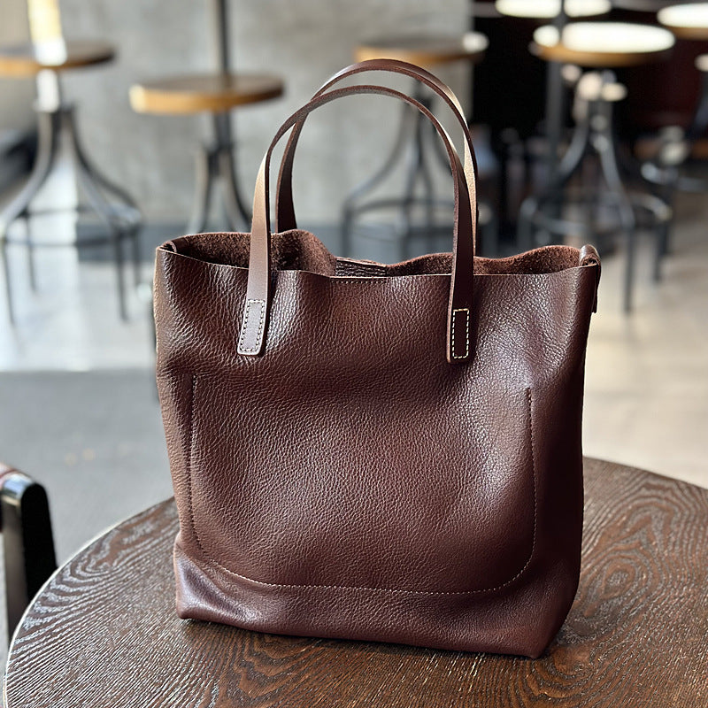 Genuine Cowhide Handbag for Women, New Spring Summer Japanese Vintage Shoulder Crossbody Top Handle Purse, Minimalist Commute Bag for Ladies