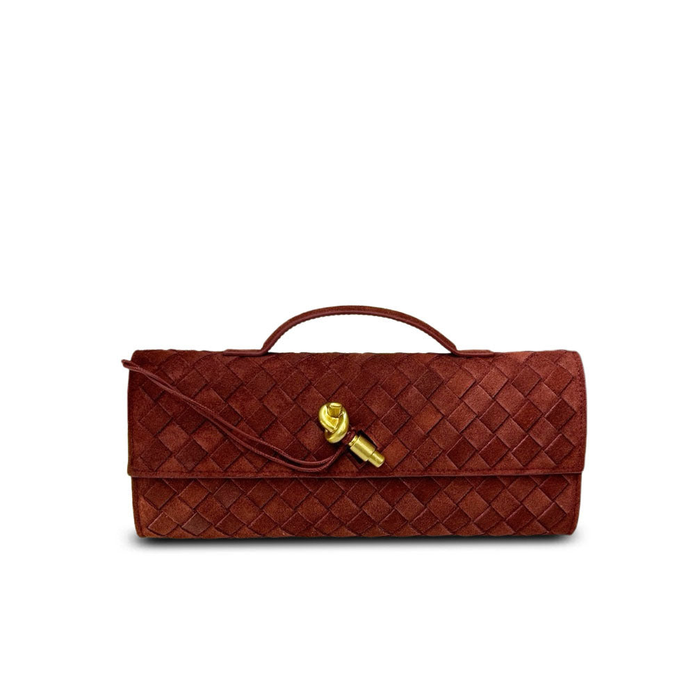 Fall/Winter Matte Suede Woven Evening Clutch, Horizontal Baguette Bag with Latch, High-End Light Luxury for Women