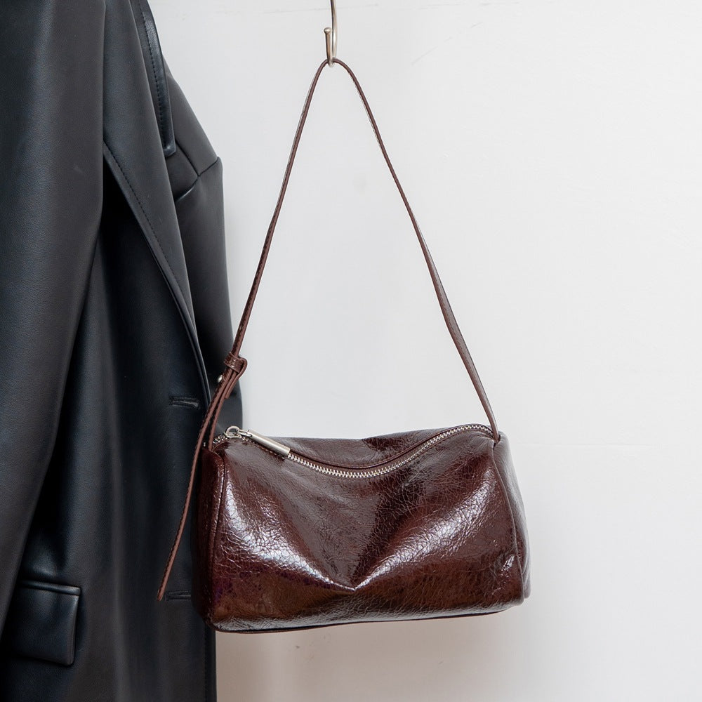 Genuine Top Layer Cowhide Vintage Boston Pillow Bag for Women, New Versatile Commute Shoulder Crossbody Purse, Premium Textured Leather Handbag for Ladies