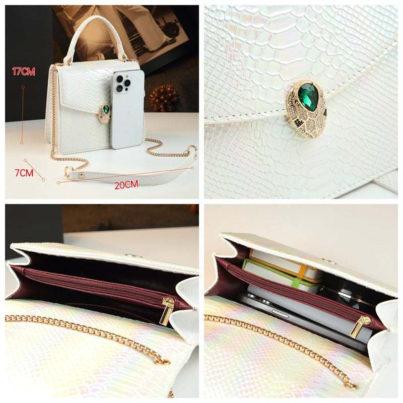 Genuine Leather Ostrich-Embossed Snake Head Mini Bag for Women, Light Luxury Accordion Chain Shoulder Crossbody Purse, Elegant Small Square Bestseller for Ladies