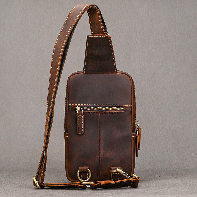Lightweight Crazy Horse Leather Chest Bag, Casual Crossbody Shoulder Pouch, Cowhide Bag Fits iPad for Men