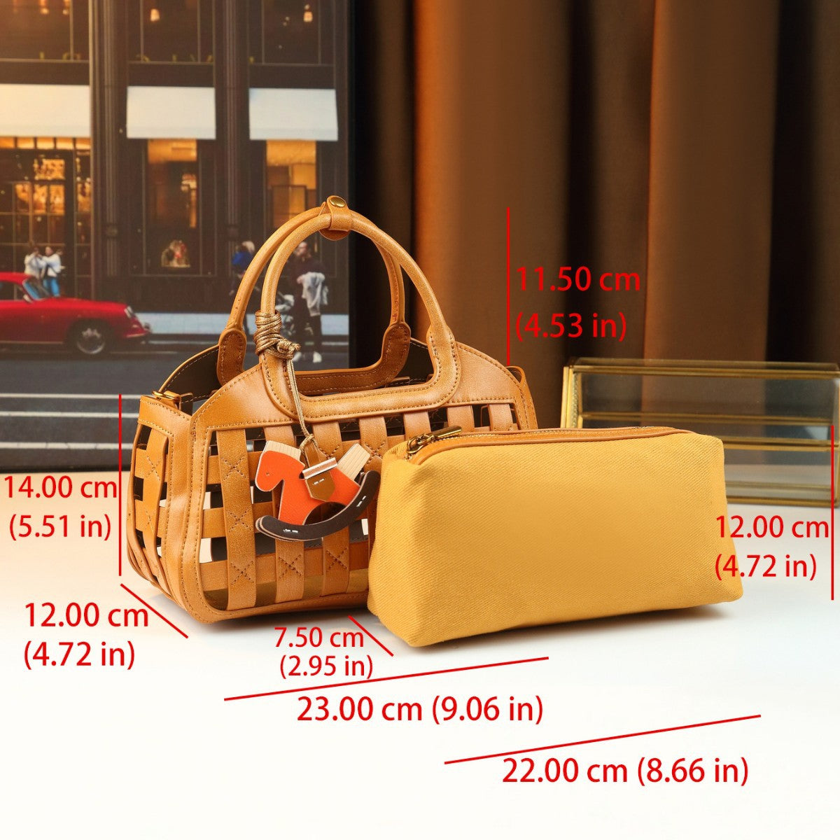 Woven Hollow Small Bucket Bag Set for Women Summer Commuter Purse with Horse Keychain & Detachable Pouch, Exquisite Going-Out Handbag with Artisan Design