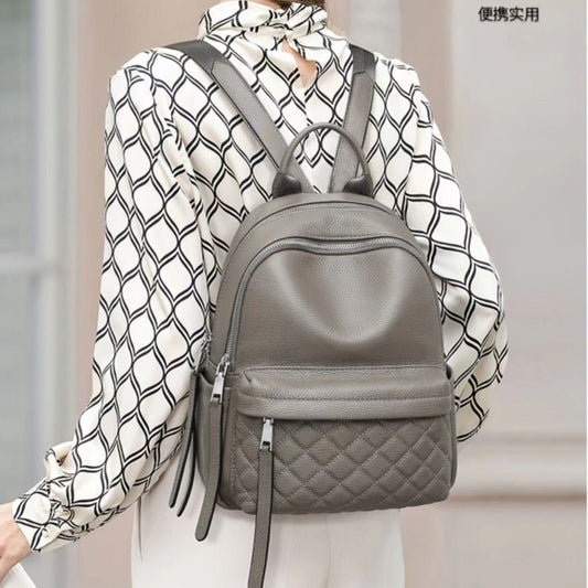 Genuine Top Layer Pebbled Cowhide Backpack for Women, New Diamond Quilted Stitching Large Capacity Commute Daypack, Off-White Casual Travel Bag for Ladies