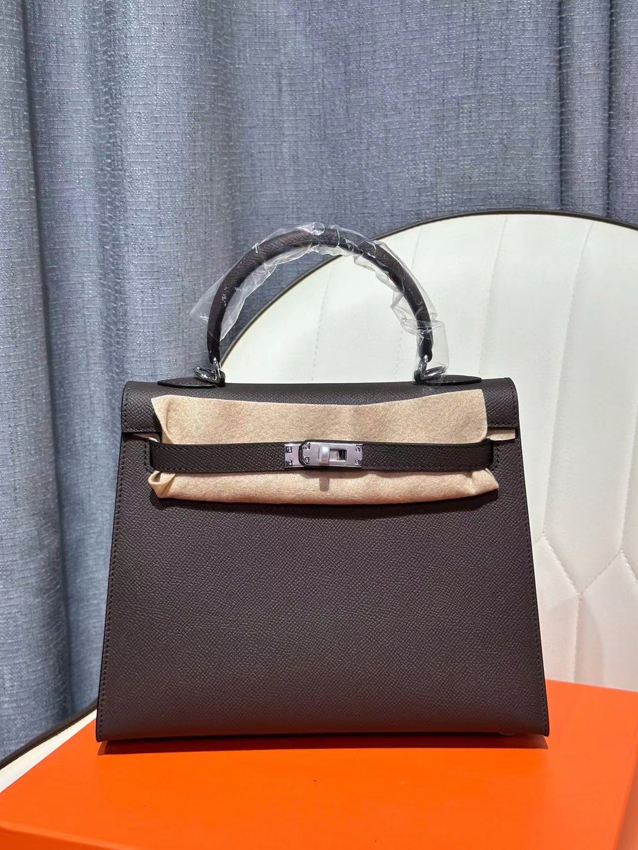 Genuine Epsom Calfskin Leather Kelly-Style 25/28 Top Handle Bag for Women, Premium Commute Handbag with Chic Fashionable Design for Ladies