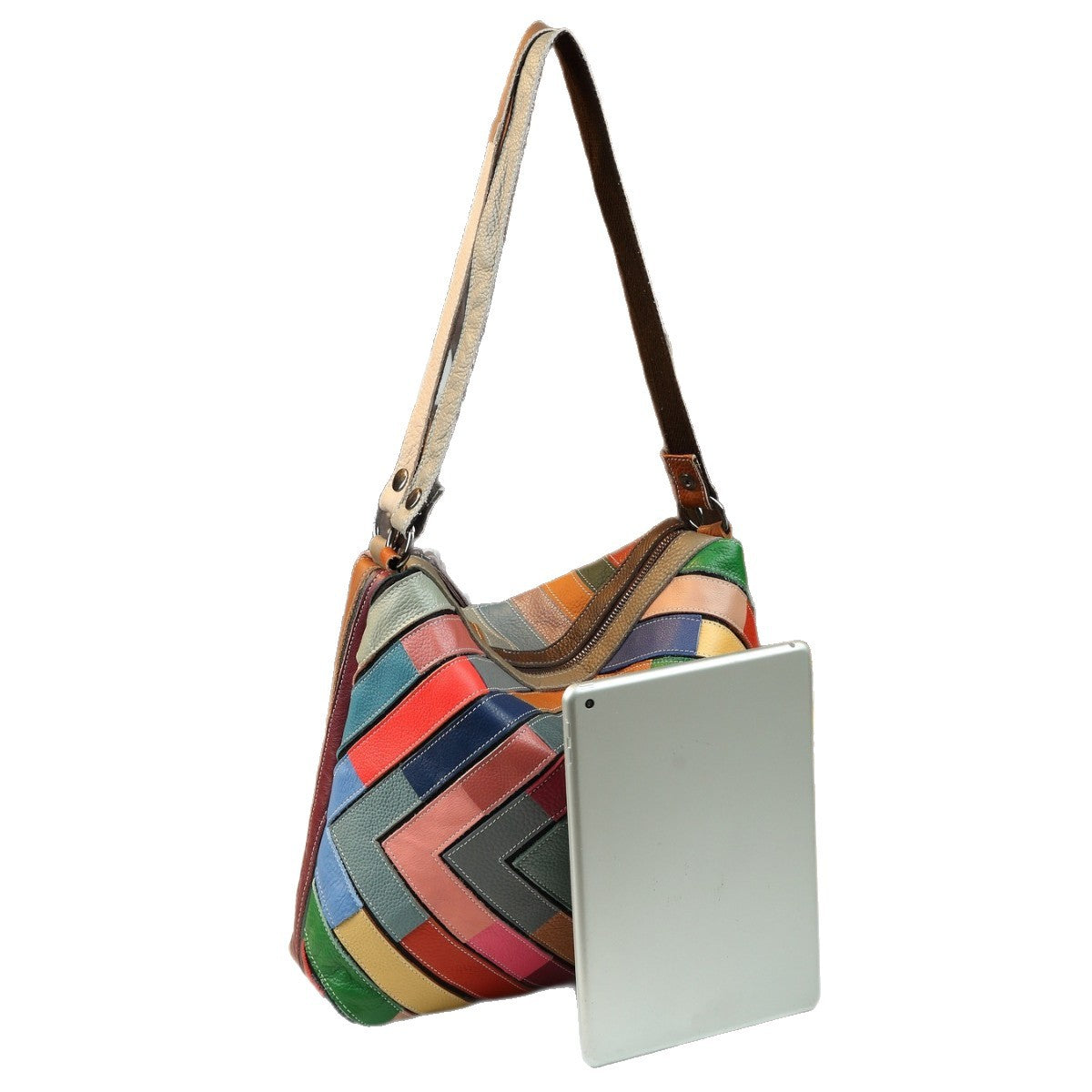 Geometric Grid Genuine Leather Patchwork Tote Bag for Women Colorful Shoulder Crossbody Handbag, Trendy Korean Style with Ethnic Boho Design