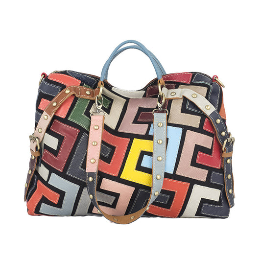 Genuine Leather Ethnic Geometric Color Block Handbag for Women, New Arrival Top Handle Shoulder Crossbody Purse, Trendy Designer Bag for Ladies