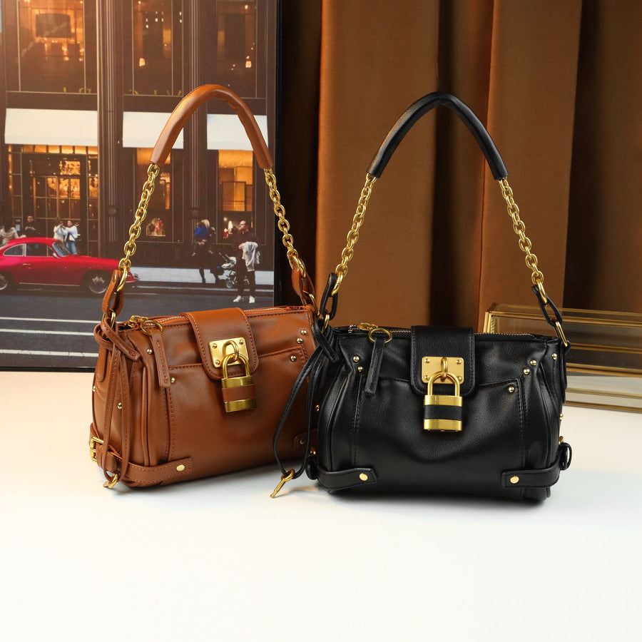 Y2K Style Lock Chain Tote Bag for Women Vintage Soft Leather Large Capacity Shoulder Crossbody Handbag with Trendy Hardware Accent