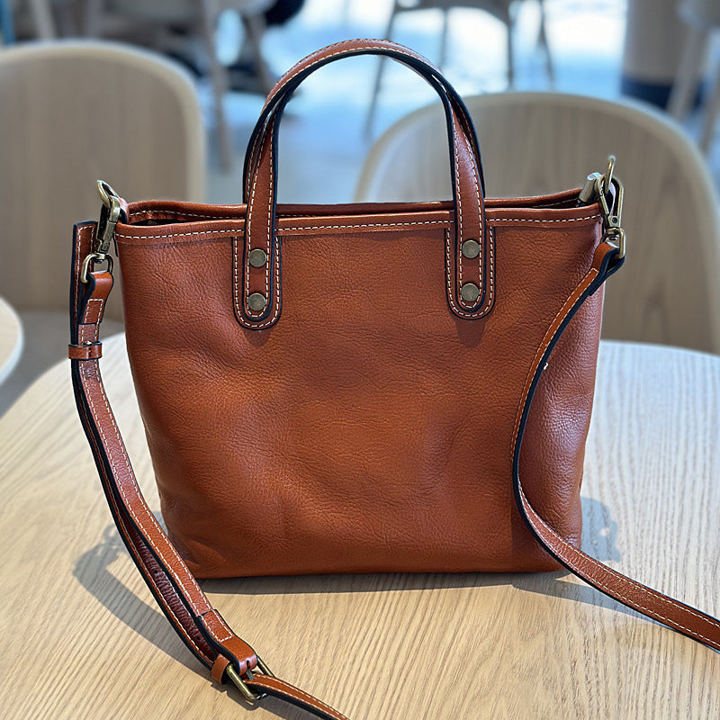 Genuine Top Layer Vegetable-Tanned Cowhide Handbag for Women, Vintage Minimalist Shoulder Crossbody Purse, Casual Work Commute Bag for Ladies