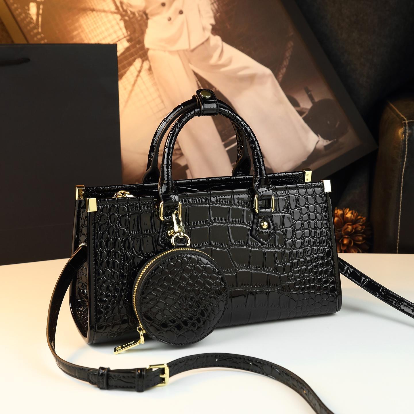 New Arrival Glossy Croc-Effect Light Luxury Handbag for Women, A Versatile Commuter Shoulder Crossbody Bag with Genuine Leather & Stylish Design