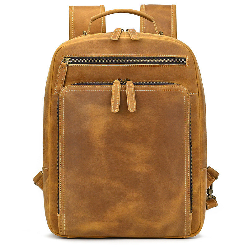 Men's Crazy Horse Leather Backpack Vintage Travel Daypack for Women Students, Genuine Leather Casual Rucksack Large Capacity