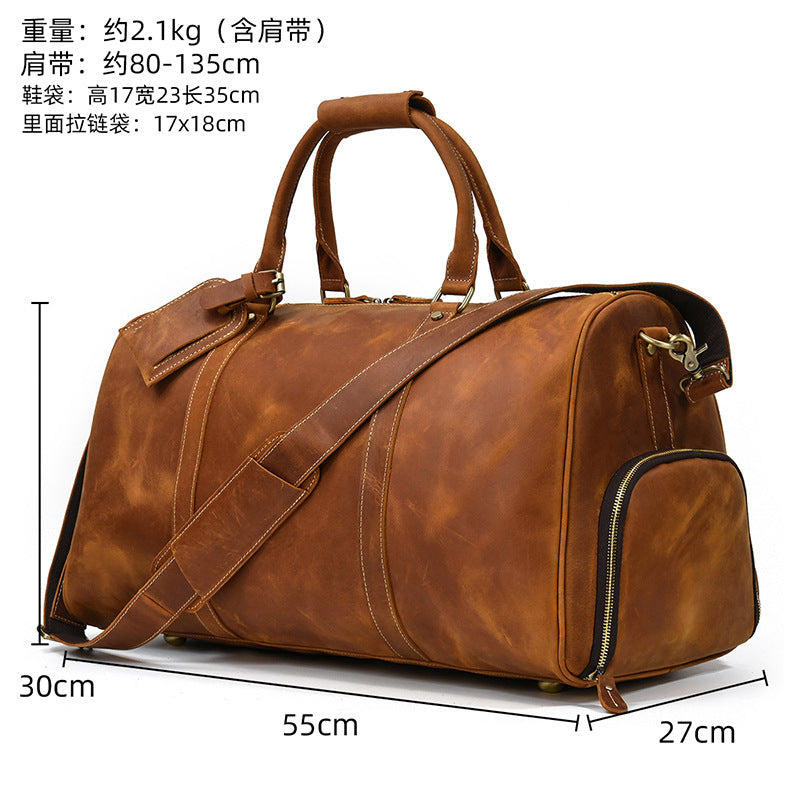 Vintage Crazy Horse Leather Large Capacity Travel Duffle with Shoe Compartment, Top Handle Gym Bag, Premium Cowhide Weekender for Men