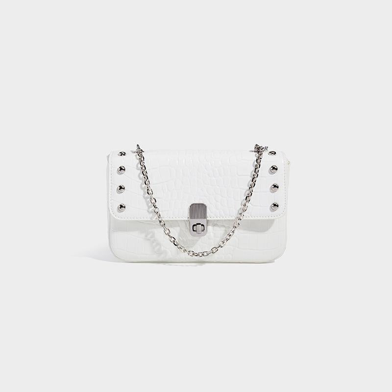 New Arrival Croc-Effect Studded Flap Biker Bag for Women, A Small Chain Crossbody Shoulder Handbag with Fashionable Design