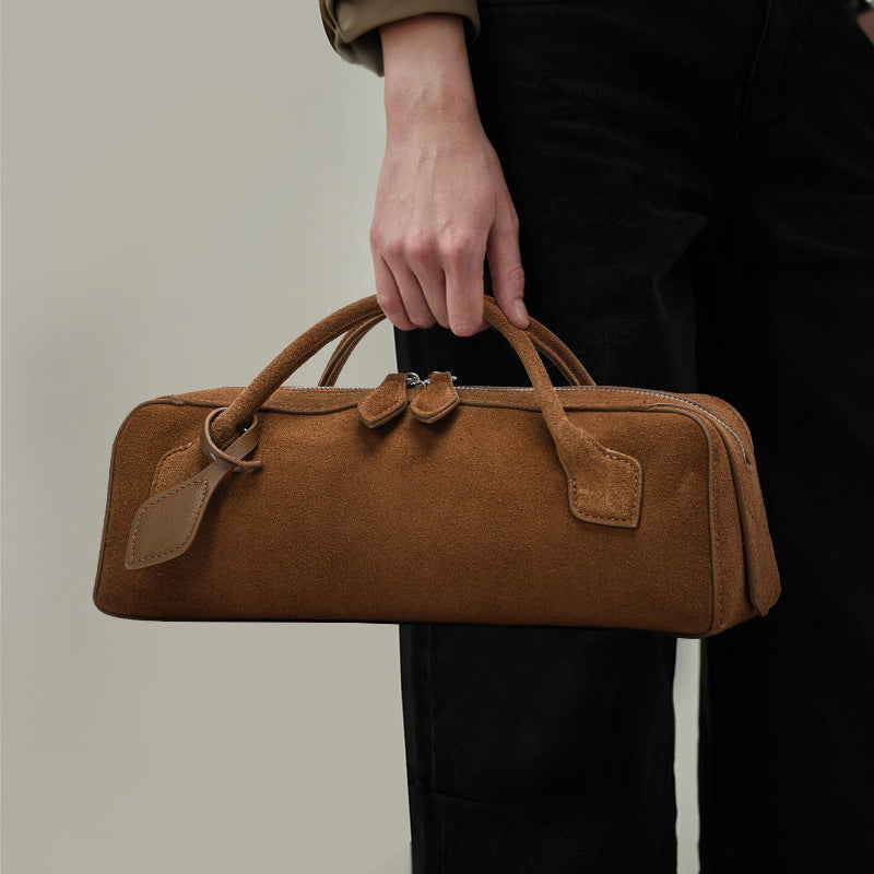 Genuine Suede Leather Baguette Bag for Women, New Vintage Large Capacity Top Handle Handbag, Matte Cowhide Sausage Shoulder Purse for Ladies