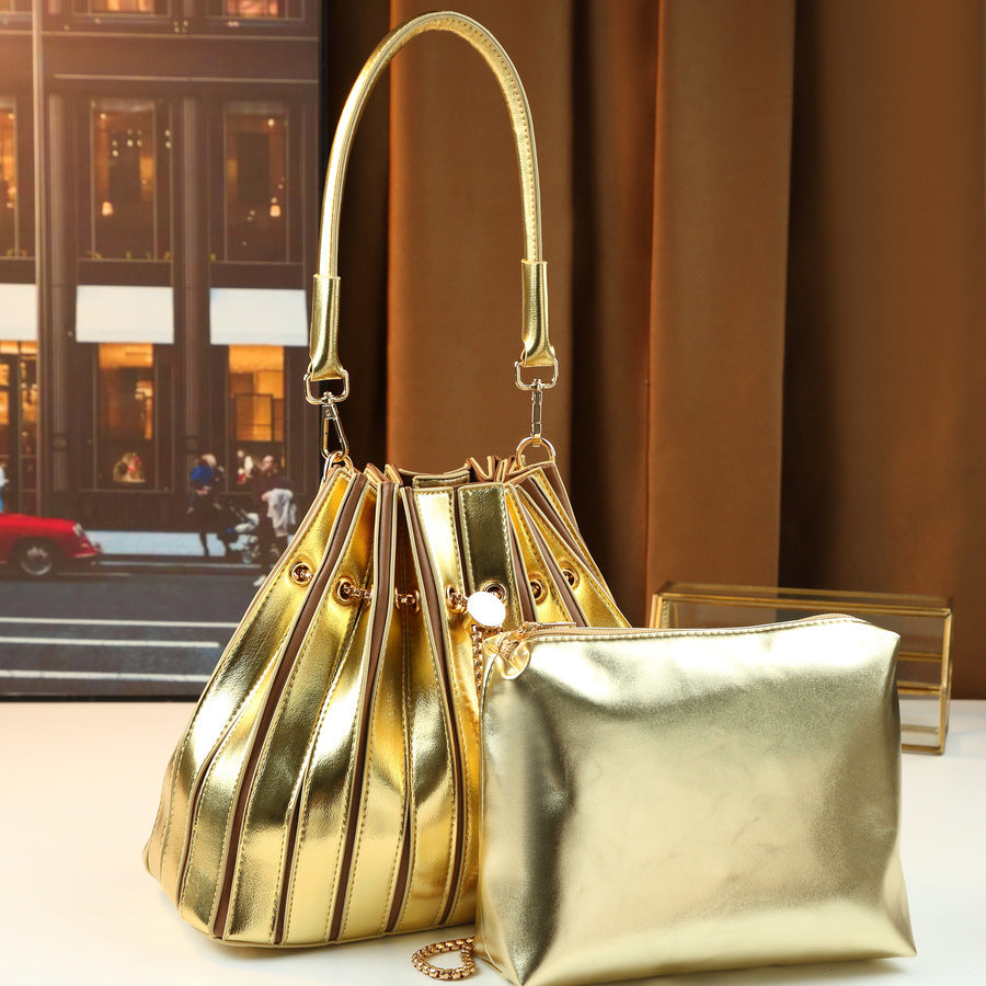 Glossy Light Luxury Bucket Bag Set for Women Niche Designer Pleated Large Capacity Shoulder Sub-Bag Handbag with Premium Finish