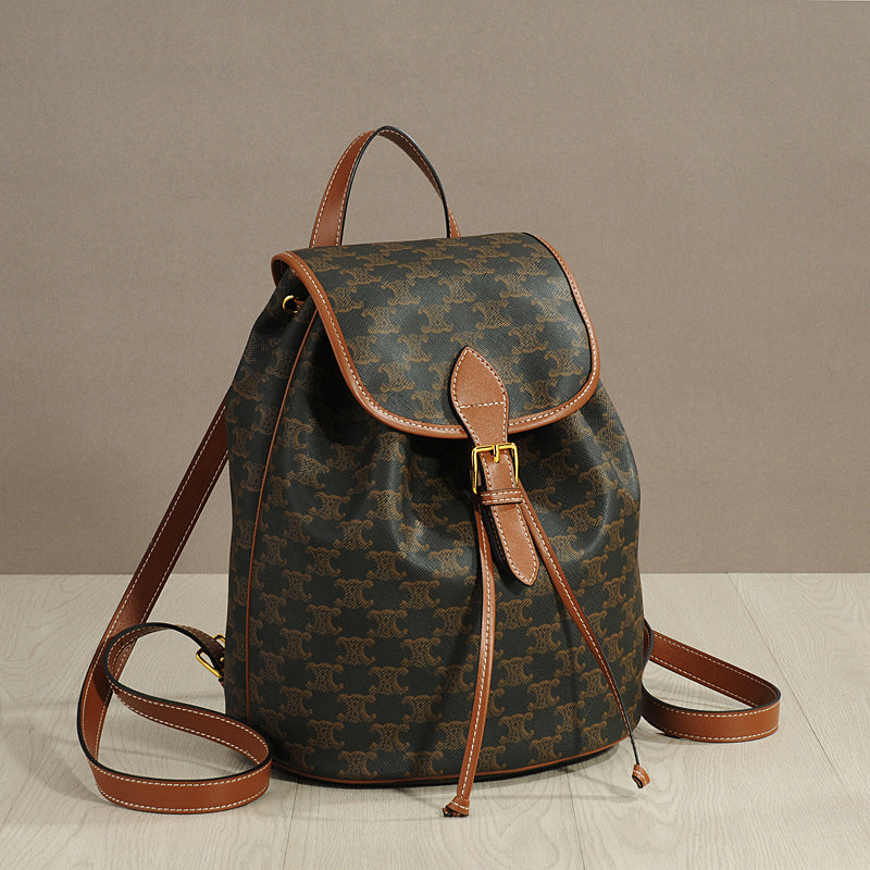 Genuine Leather Arc de Triomphe Drawstring Backpack for Women, New Spring Vintage Monogram Light Luxury Top Handle Bag, Trendy Casual Shoulder Purse for Ladies