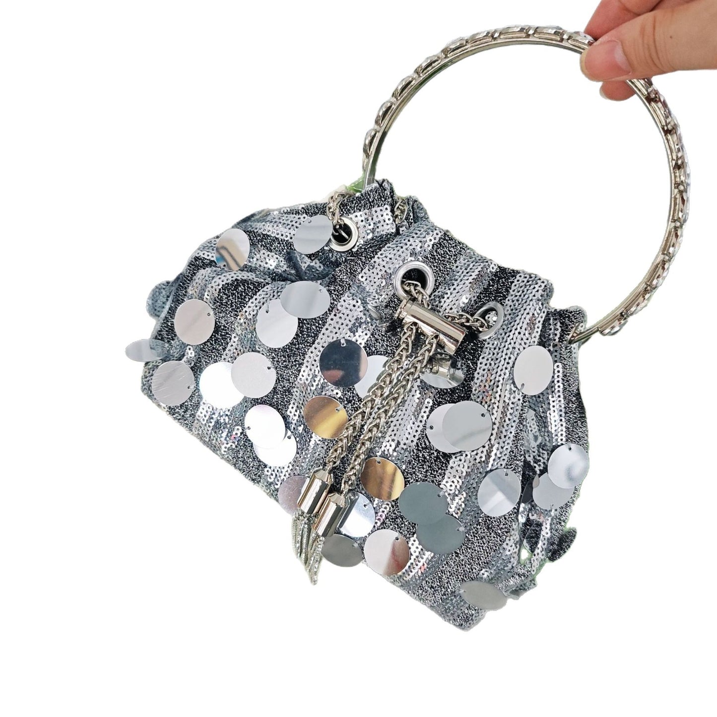 New Sequin Rhinestone Tassel Bucket Bag for Women, Sparkly Shoulder Crossbody Handbag, Evening Party Purse with Top Handle