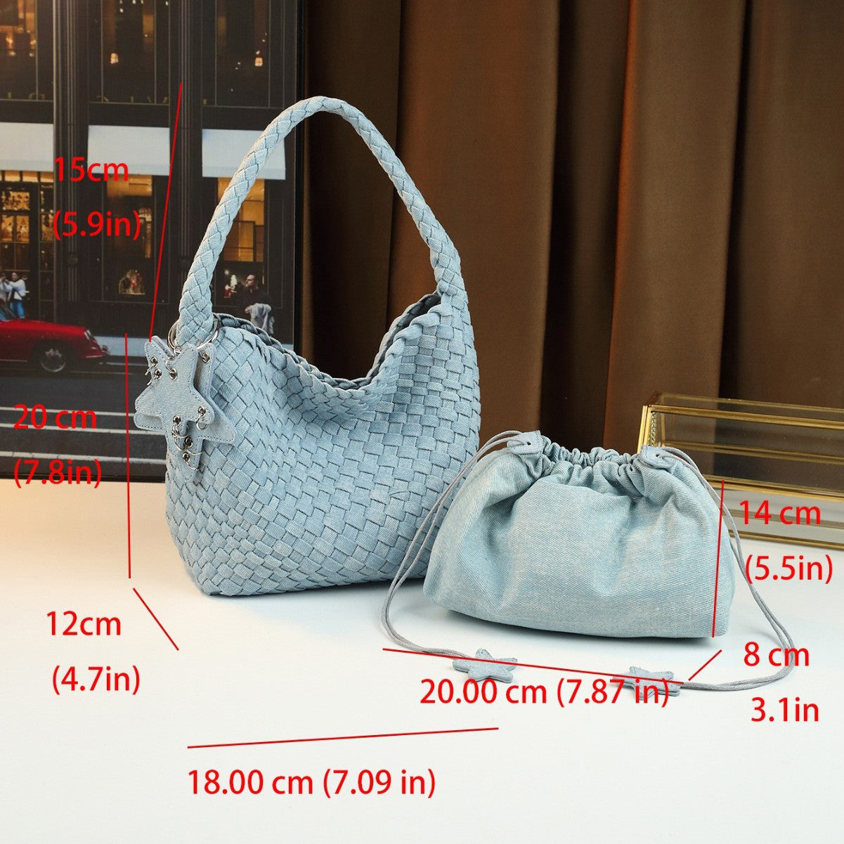 Handwoven Denim Bucket Bag for Women Large Capacity Underarm Shoulder Handbag, Casual Versatile Purse with Natural Woven Texture