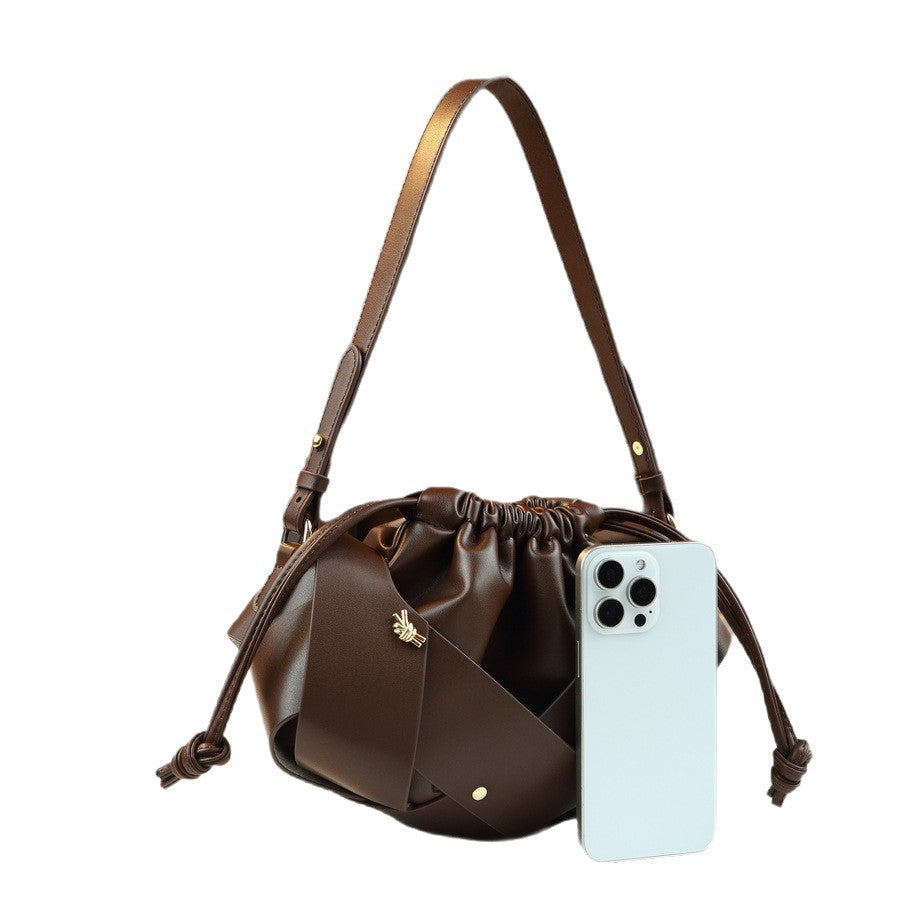 Drawstring Woven Bucket Cloud Bag for Women Light Luxury Shoulder Crossbody Handbag, Pleated Purse with Multi-Color Versatile Design