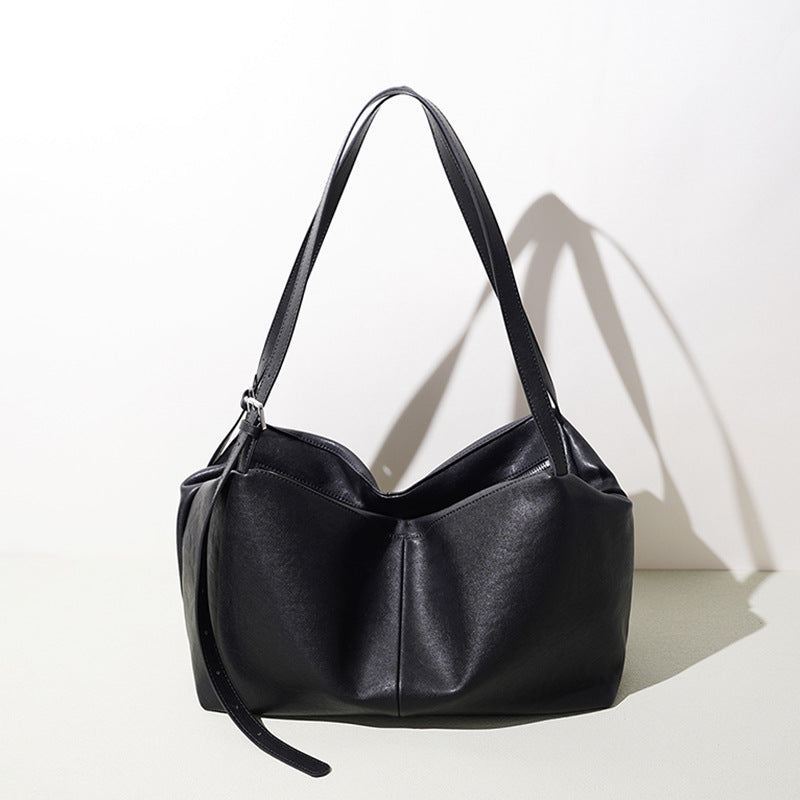 Genuine Leather Niche Tote Bag for Women, Minimalist Versatile Shoulder Top Handle Purse, Large Capacity Casual Commute Handbag for Ladies