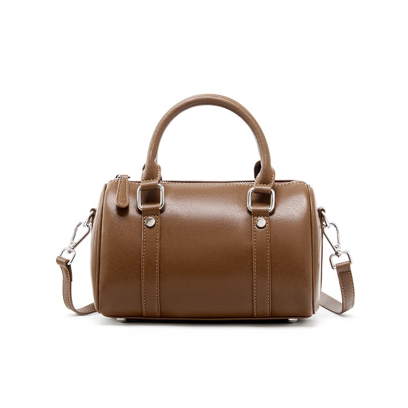 Genuine Top Layer Vegetable-Tanned Cowhide Boston Pillow Bag for Women, Large Capacity Commute Shoulder Crossbody Small Purse, Casual Everyday Leather Handbag for Ladies
