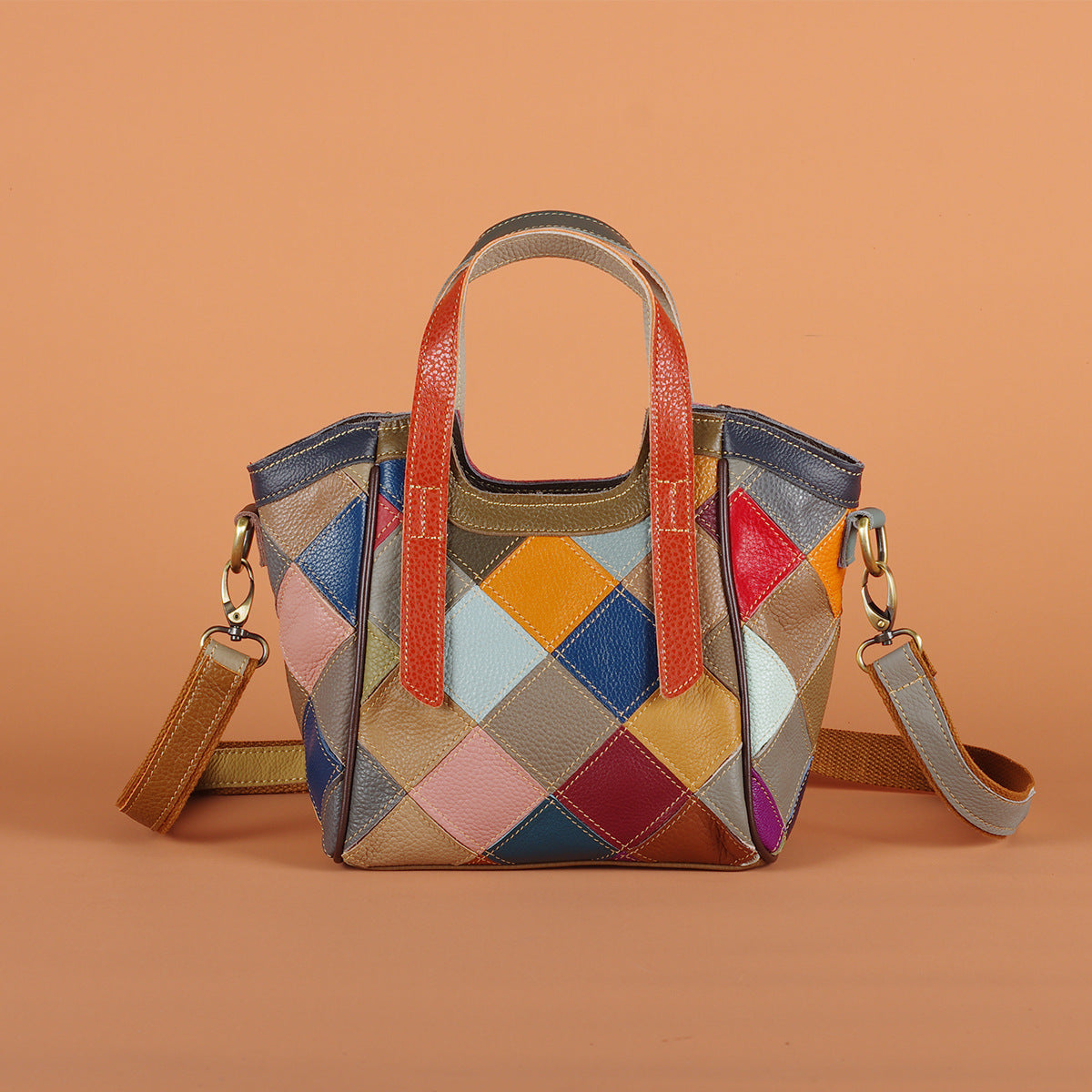 Genuine Leather Vintage Colorful Plaid Patchwork Handbag for Women, Ethnic Casual Shoulder Crossbody Top Handle Purse, Color Block Designer Bag for Ladies