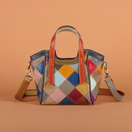 Genuine Leather Vintage Colorful Plaid Patchwork Handbag for Women, Ethnic Casual Shoulder Crossbody Top Handle Purse, Color Block Designer Bag for Ladies