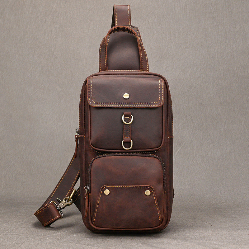 Large Capacity Crazy Horse Leather Chest Bag, Casual Crossbody Shoulder Pouch, Cowhide Bag Fits iPad for Men