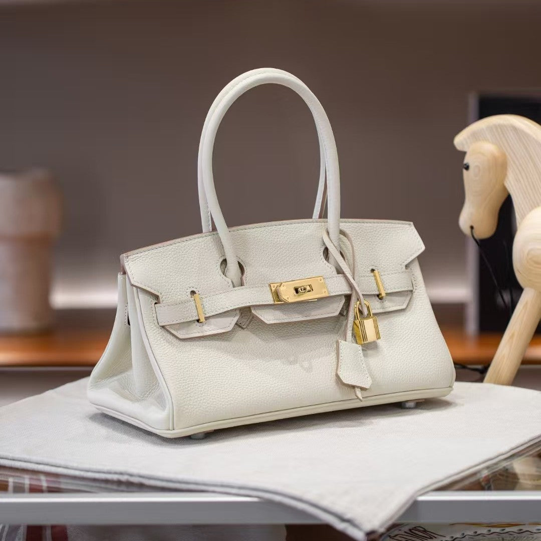 Genuine Togo Leather Birkin-Style Bag for Women, New Vintage Horizontal Top Handle Handbag, Premium Retro Purse for Ladies