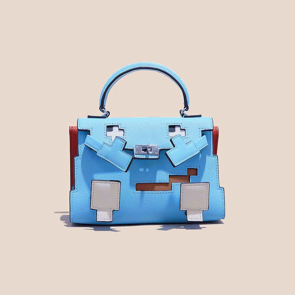Genuine Leather Mosaic Doll Kelly-Style Bag for Women, Summer Bestseller Niche Designer Top Handle Shoulder Crossbody Purse, Cartoon Print Handbag for Ladies